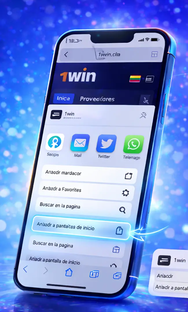 Añadir 1win a pantalla de inicio Añadir 1win Colombia a la pantalla de inicio del iPhone usando Safari, crear un acceso directo en iOS