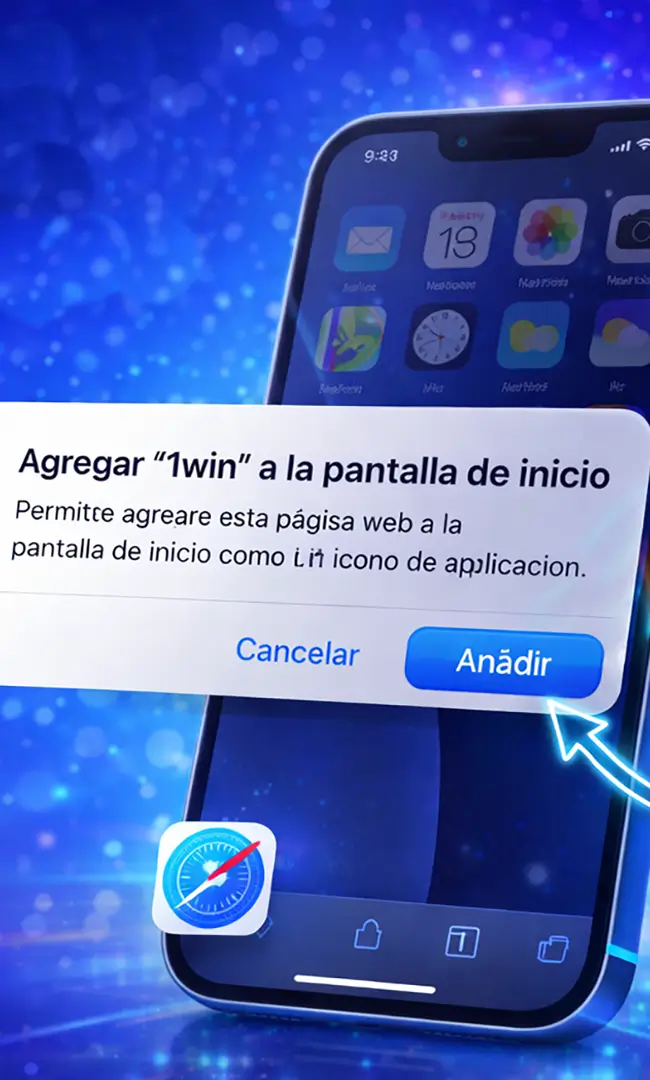 Confirmar instalación de 1win en iOS Confirmar la adición de 1win Colombia a la pantalla de inicio en iOS y abrir la app en pantalla completa