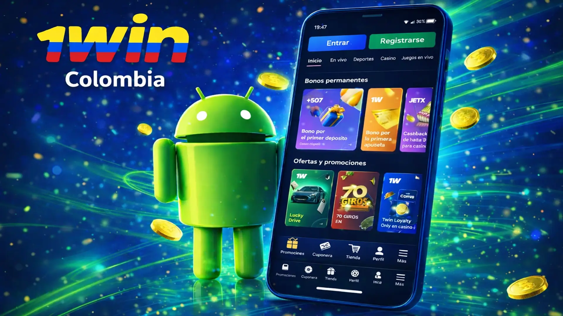 App 1win Colombia para Android Pantalla principal de la app Android 1win Colombia con bonos, juegos de casino y promociones para usuarios colombianos