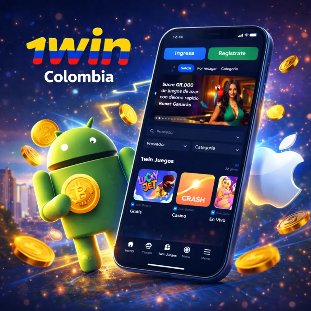 1win casino official mobile app 1win Colombia mobile casino app interface with Android mascot and coins, official 1win betting app for Colombian players