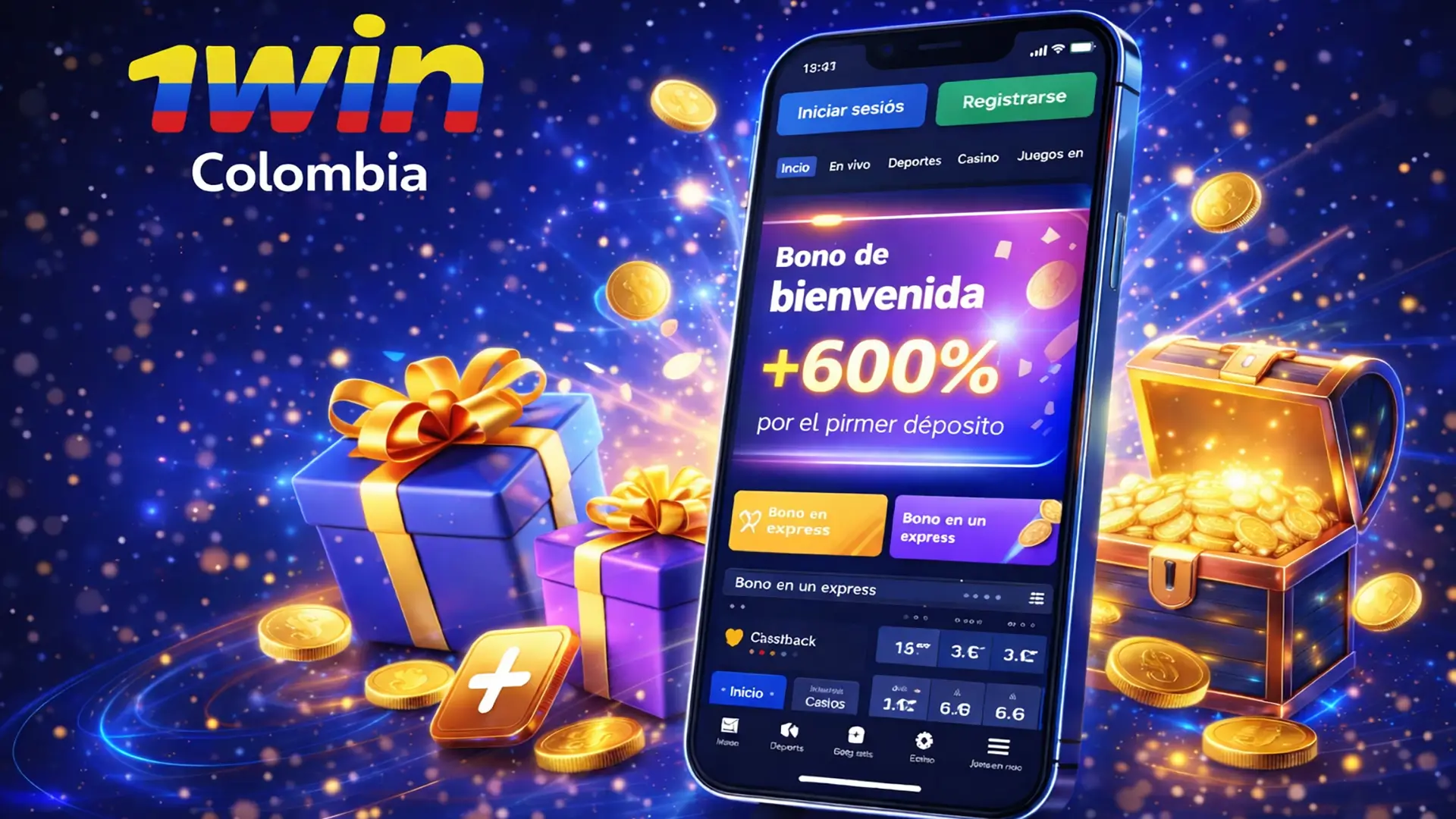 Bono de bienvenida 1win Colombia Promoción de bono de bienvenida de 1win Colombia en la app móvil, hasta 600 por ciento en el primer depósito