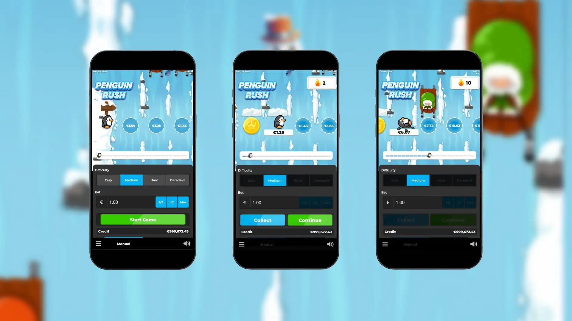 Interfaz de Penguin Rush mostrada en un smartphone